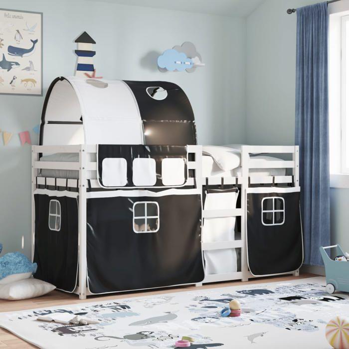 VidaXL Bunk Bed with Curtains White/black 80x200 Cm Solid Pine Wood, Bed, Bed Frame, Low Bunk Bed, Furniture of 3283991