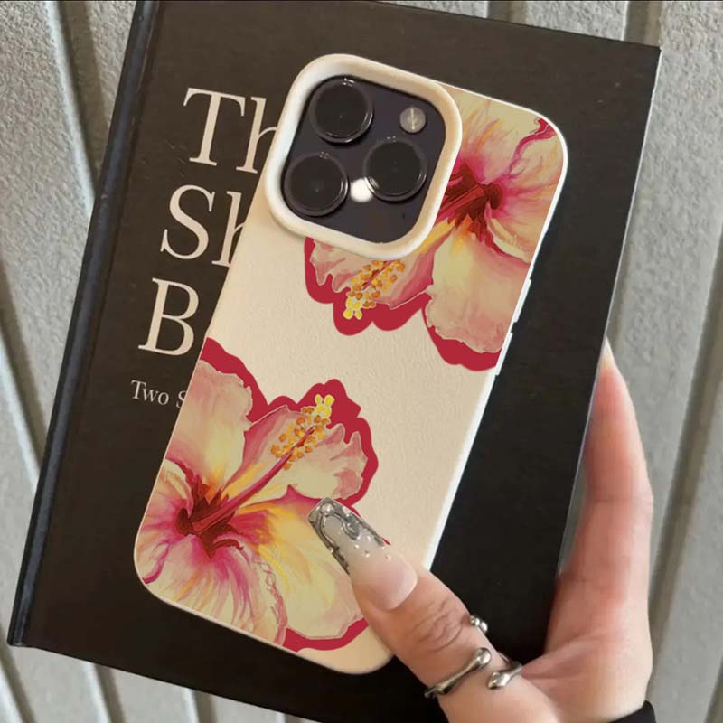 Elegant Pink Hibiscus Flower Lichee leather pattern Phone Case For iPhone 17 16e 16 15 14 13 12 11 Air Pro Max Plus X XR XSMax