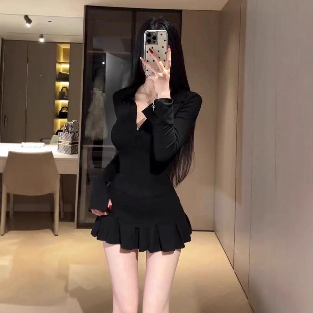 High-end Black Dress Children's Early Spring New Slim-fit Waist-wrapped Hip Skirt Set