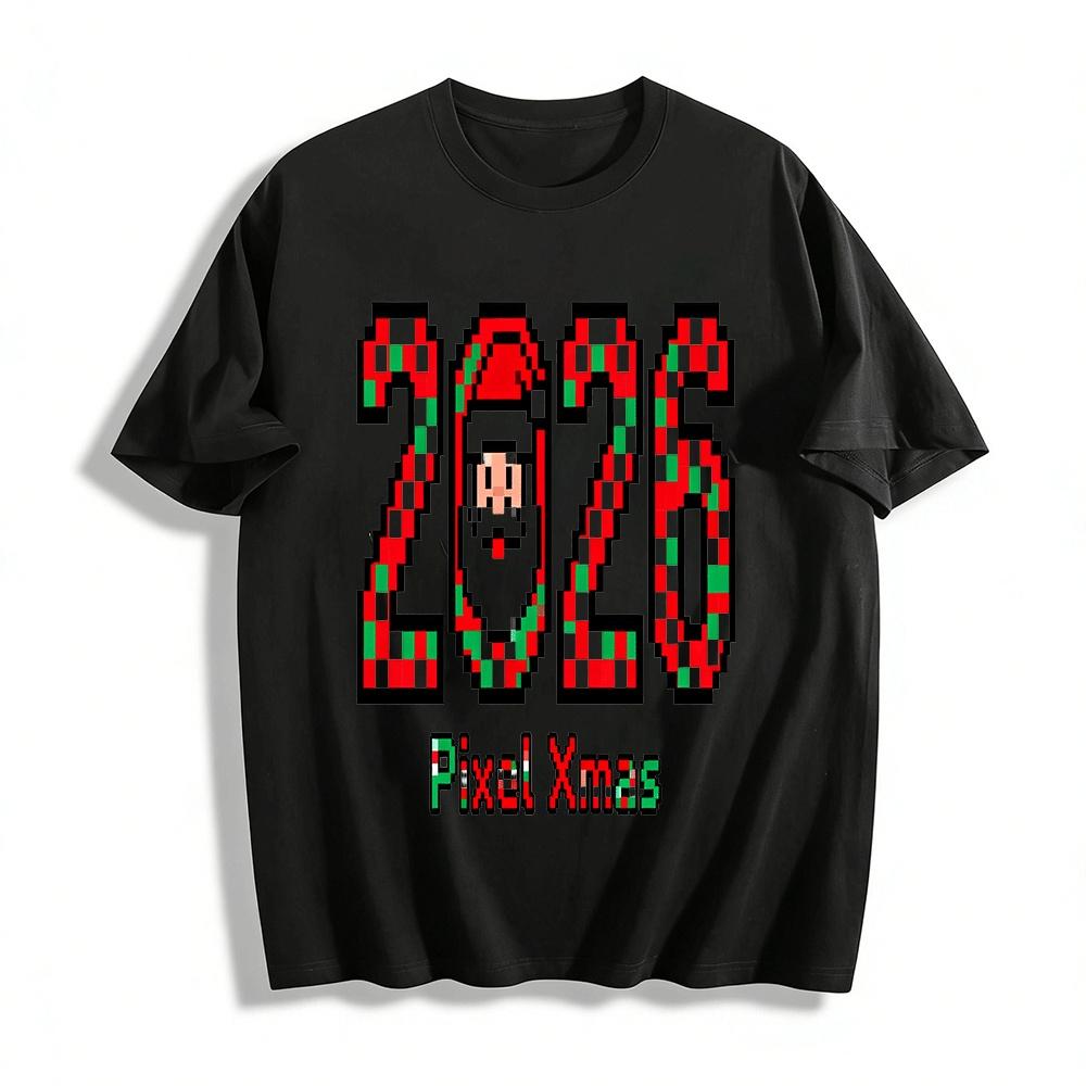 2026 Pixel Christmas Santa Candy Cane Print Sweatshirt Pure cotton T-shirt XXS