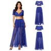 S-XXL Women Oriental Dance Costume Gold Trim V Neck Crop Top Short Sleeve and High Waist Flowy Chiffon Skirt with Side Slit Ruffles