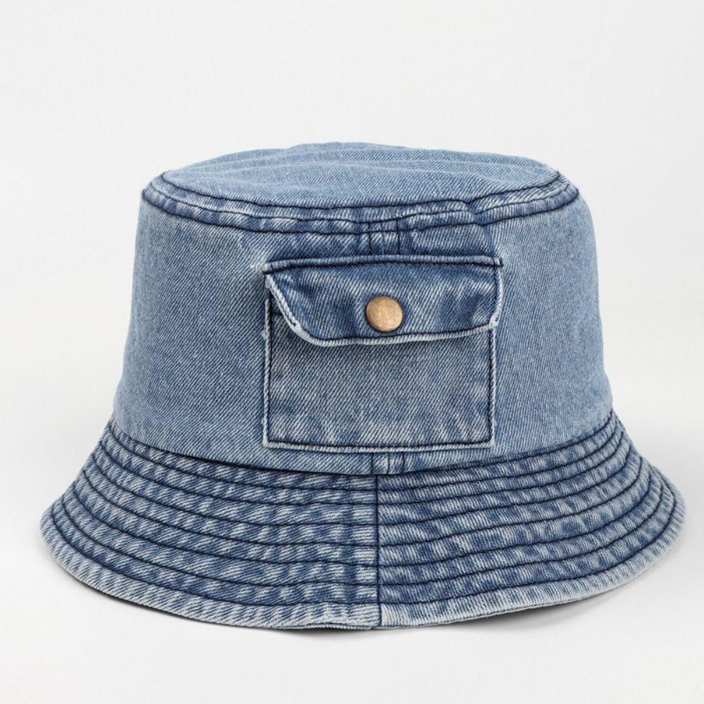 Solid Color Pocket Sun Hats Vintage Fisherman Cap New Denim Bucket Hat  Men Women