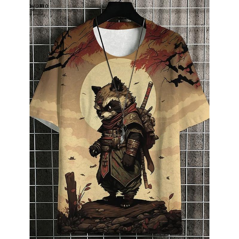 Japanese Samurai Cat 3D Printed T-Shirts for Men Short Sleeve Tee Casual Loose Harajuku Men's Clothing Oversized T-Shirt Tops