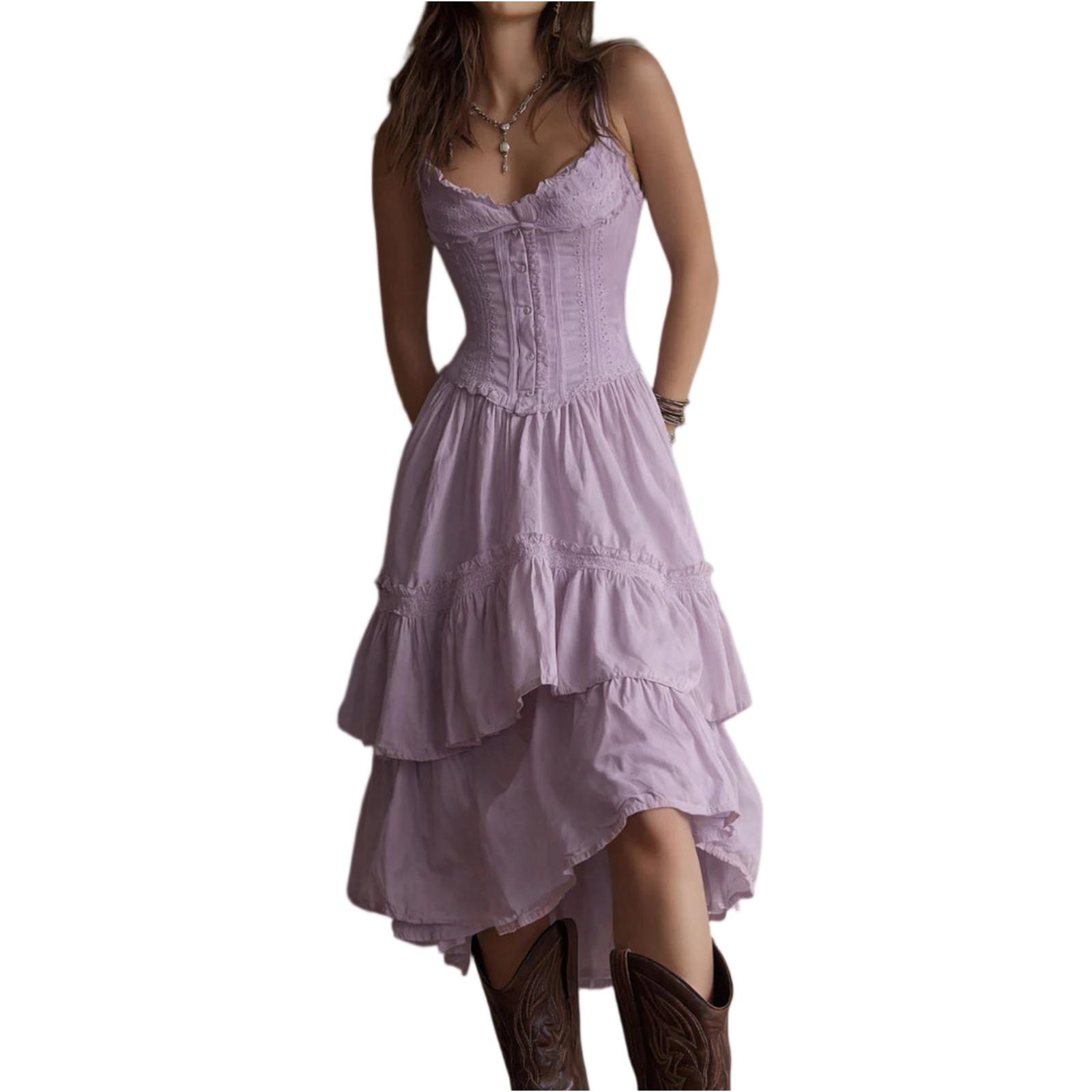 

Women’s Casual Ruffle Hem Midi Dress Sleeveless Fitted Waist Spaghetti Strap Tiered Skirt Summer Sundress for Daily Wear S
