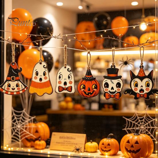 Black Cat Mummy Wooden Tree Pendants 6Pcs Vintage Halloween Ornaments for Decorations, Pumpkin Wood Cutout Pastoral Cute Indoor Decor Owl Hanging