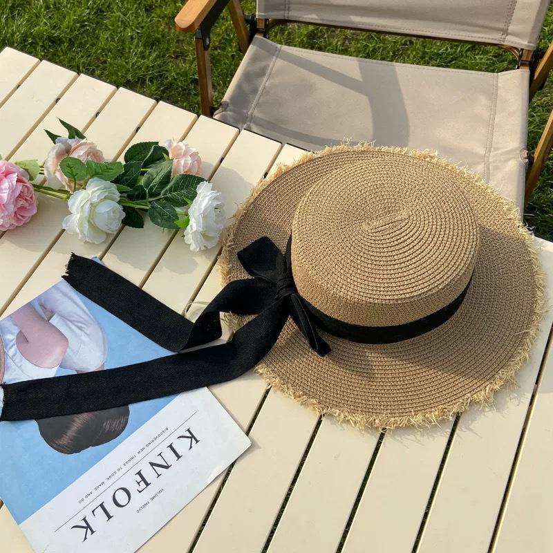 Flat-top straw hat women's straw top hat, new summer big-brimmed sun hat, seaside vacation sun hat