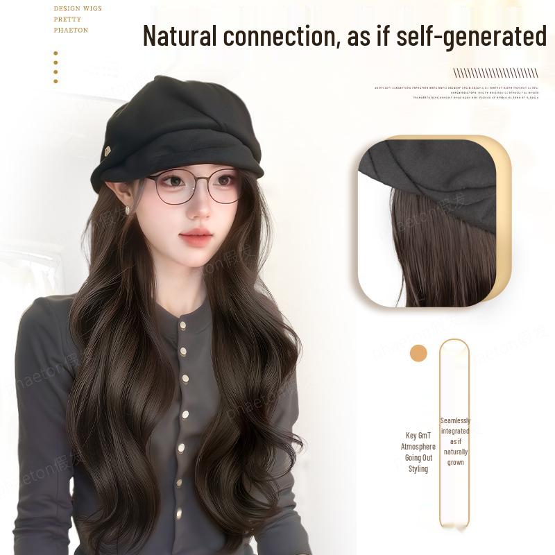 Women's Cloud Octagonal Wig Hat - Natural Full Coverage with Big Waves for Autumn and Winter Fashion