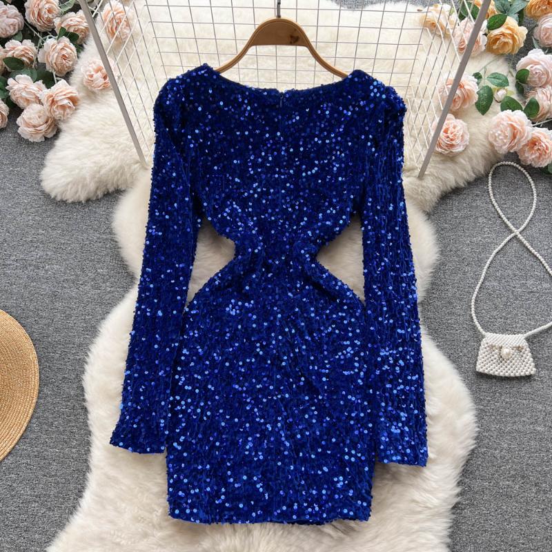 Winter Chic Sequin New One Piece Dress V-neck Long Sleeve Sexy Club Dresses Female Korean Fashion Vintage Evening Party Dress 2024