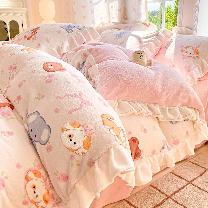 Thickened Milk Fleece Four-Piece Set, Lace Coral Fleece Quilt Cover, Bedding Fleece Bed Sheet Three-Piece Set