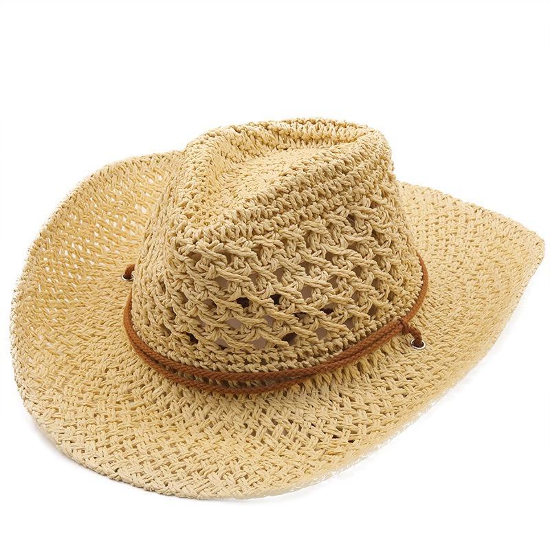 Hollow Out Unisex Shading Outdoor Wide Brim Cowboy Straw Hat Solid Color Fashion Sun Protection Beach Hat Summer Cap