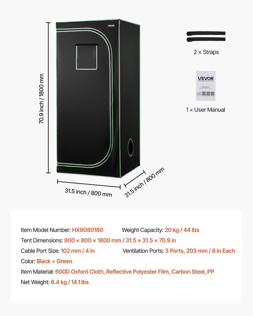 Indoor Grow Tent, 80 x 80 x 180 cm, 600D High Reflective Mylar, Indoor Plant Tent with Observation Window, Floor Tray & Zipper, Heavy Duty Growing