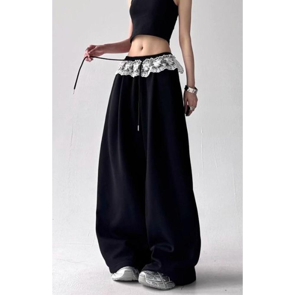 Lace Splicing Jazz Dancing Fart Curtain Pants Niche Loose and Thin Black Sports Casual Wide-leg Pants Black Wide-leg Pants
