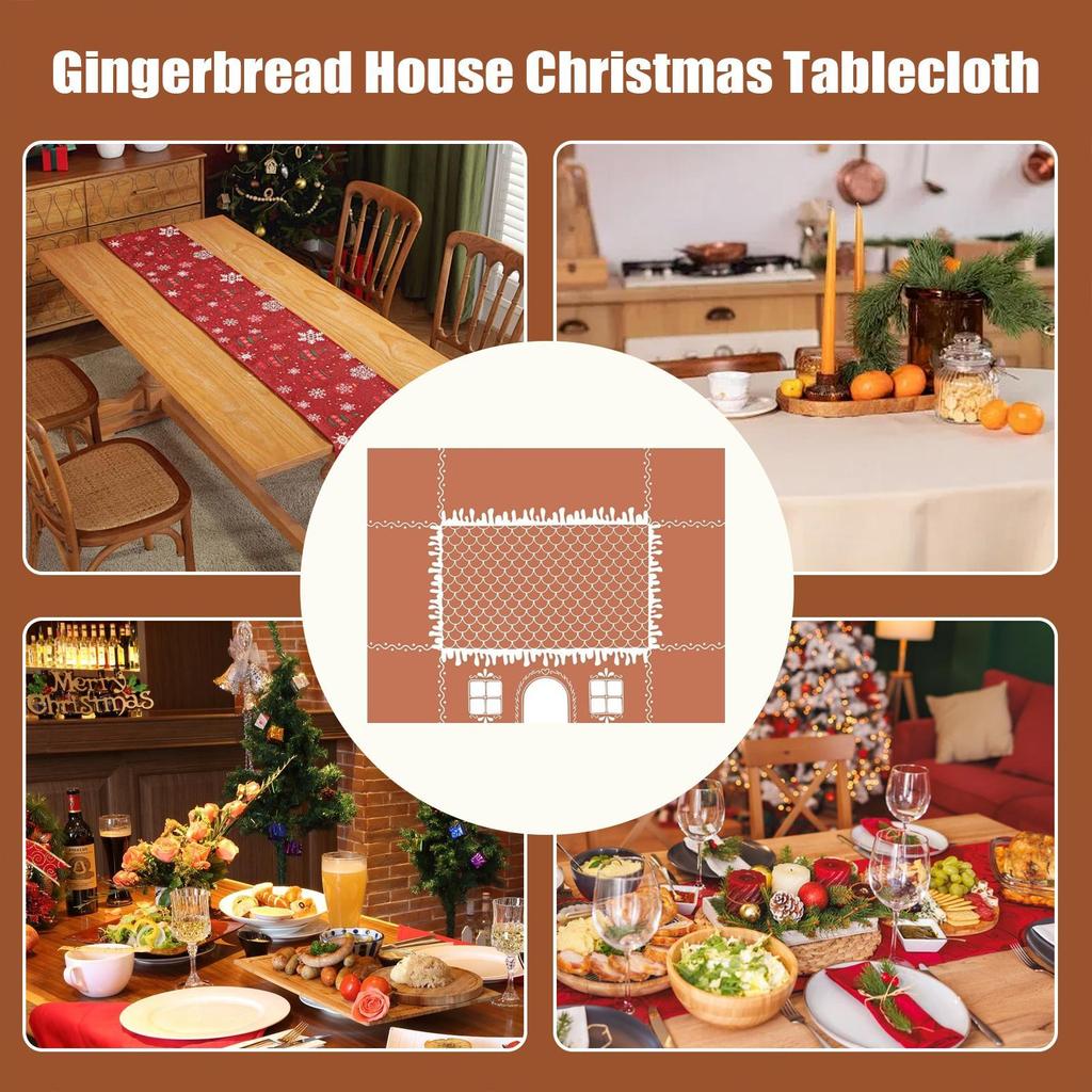 Christmas Table Cover Gingerbread House Washable Reusable Farmhouse Table Runner for Picnic Party Harvest Kitchen Dinner