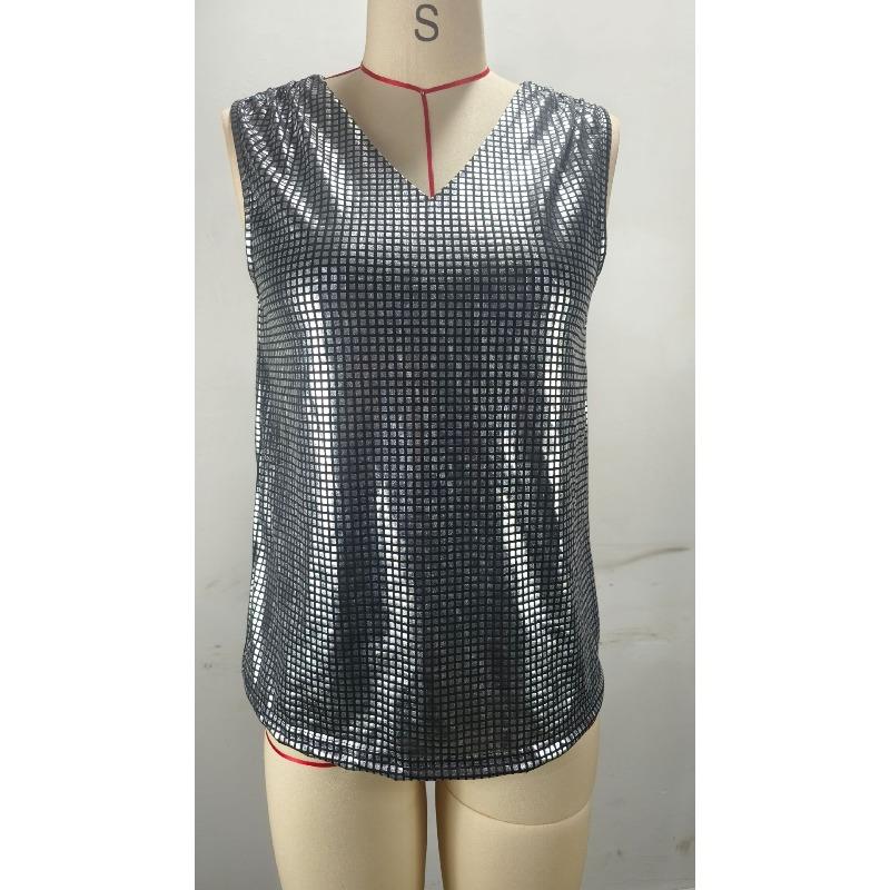 Summer new silver V-neck vest women's casual breathable sleeveless top