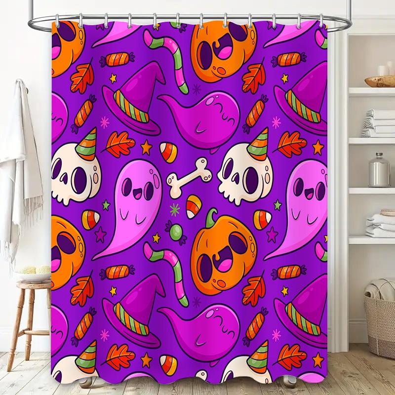 Halloween Patterned Shower Curtain Fabric Decorations for Bathrooms Purple Pumpkin Ghosts Candy Skulls Print