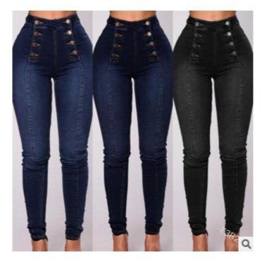 women's High Waist Double-Breasted Button Detail Stretch Skinny Denim Jeans