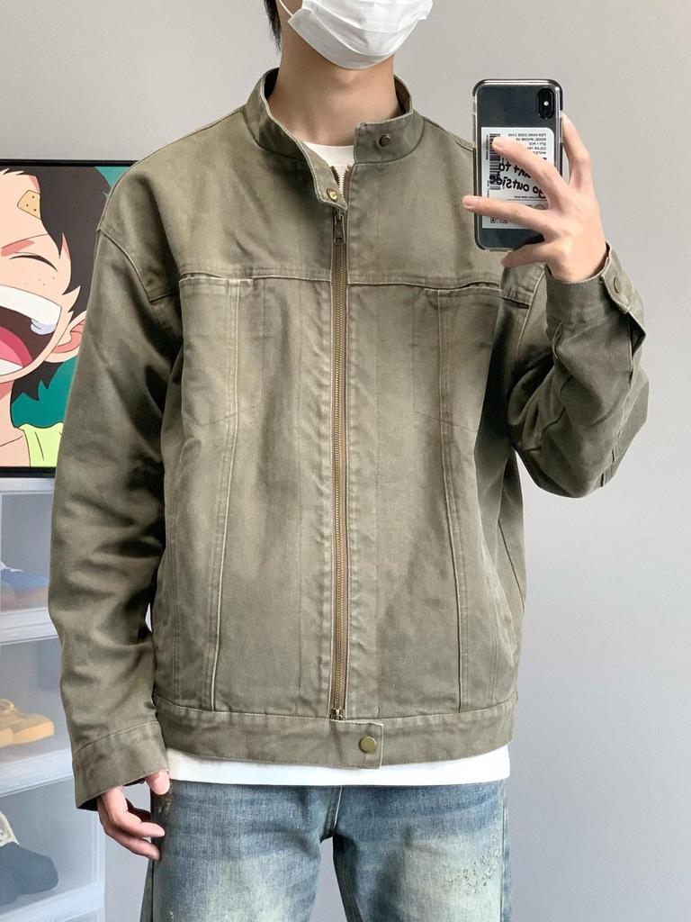 Men's Retro Washed Harrington Jacket, Stand Collar, High-End Design, Spring/Autumn Casual Wear