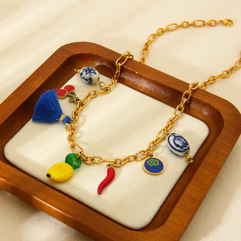 European and American fashion ceramic cherry pepper fringed DIY pendant necklace plated with 18k gold stainless steel waterproof jewelry accessories