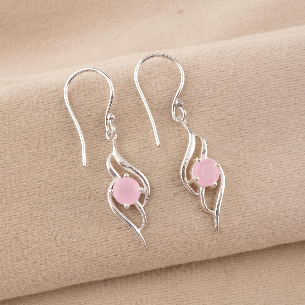 Rosenchalcedon Edelstein 925 Sterlingsilber Designer Hängeohrring 1,7" Damenschmuck CE-22-15