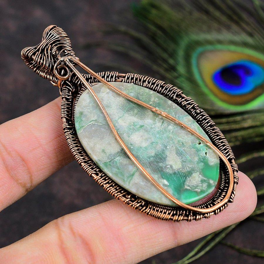 Natural Variscite Gemstone Handmade Copper Wire Wrap Gift Pendant 3.15 M5R51
