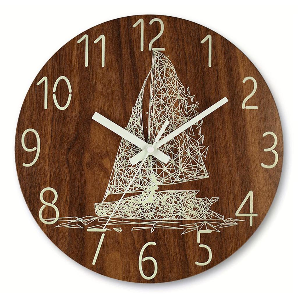 8" Silent Luminous Wall Clock, Wood Grain MDF, Fluorescent Quartz Clock