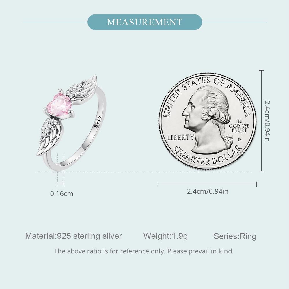BAMOER 925 Silver Angel Wing Ring for Women Retro Feather Pink Heart Zircon Eternity Band Ring Anniversary Jewelry Gift