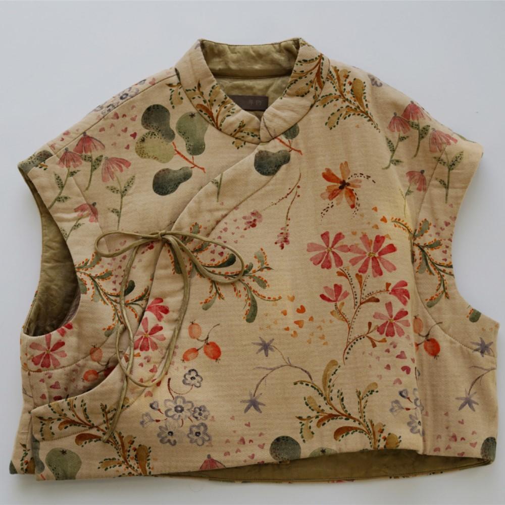 

Johnature Женские винтажные зимние пальто с цветочным принтом, стойкой, без рукавов, теплые, в китайском стиле, мягкие пальто с поясом One Size