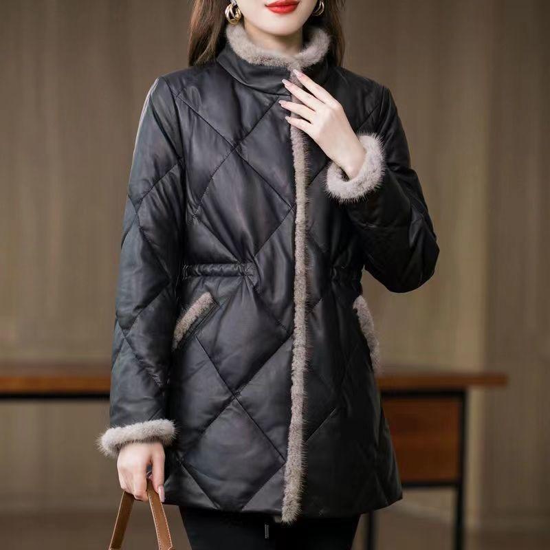 Women Winter Medium Long Stitching Leather Coat Stand-up Imitation Mink Fur Collar Cotton-Padded Jacket Temperament Warm Overcoat