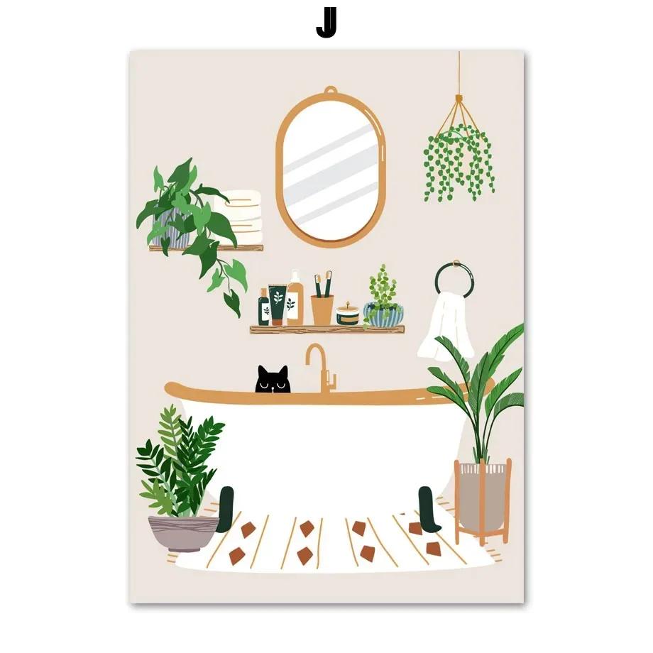 

Abstract Green Plant Black Cat Toilet Wall Art Nordic Poster And Prints Canvas Painting Pictures For Boho Living Room Decor 21X30CMNo Framed