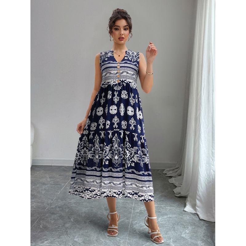 

Fashion V Neck Baggy Tank Dress Bohemia Vacation Style Dress Navy S