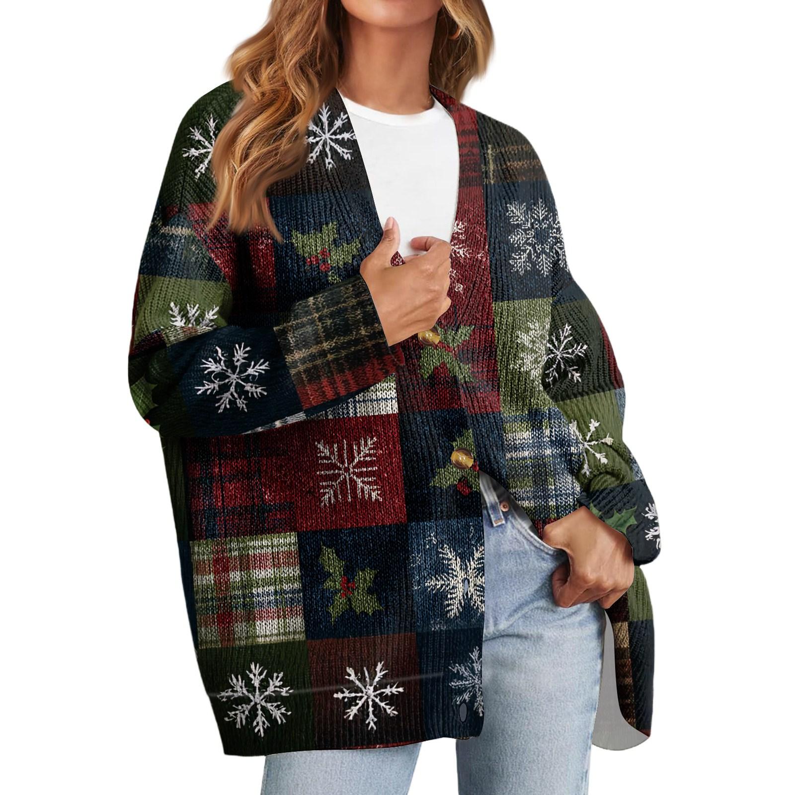 Women s Fashion Long Sleeve Christmas Print V-Neck Button Loose Cardigan Top L
