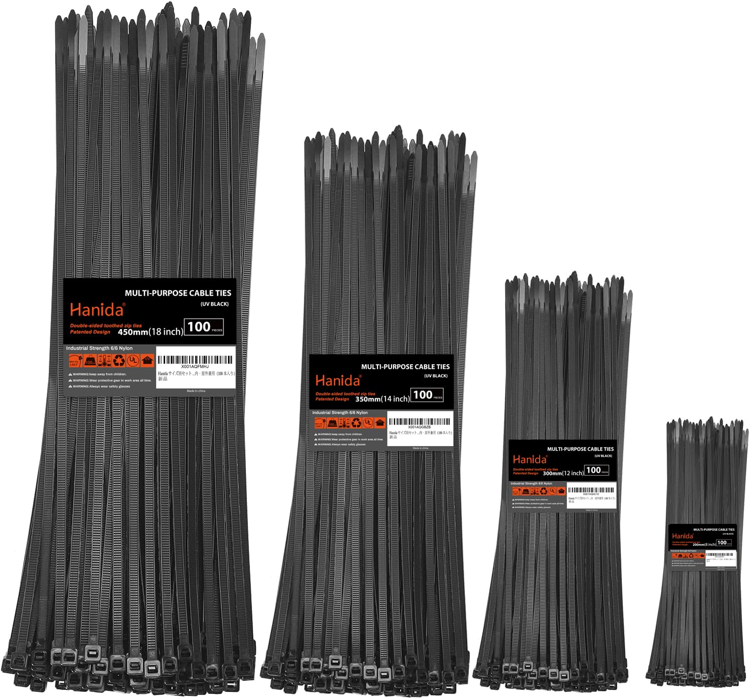 

Hanida Zip Tie Set (20cm + 30cm + 35cm + 45cm) with Double-Sided Teeth, 45kg Tensile Strength, Heavy-Duty, Self-Locking, Adjustable, Durable Nylon