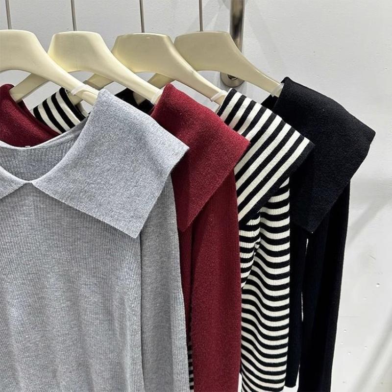 Fashionable Lapel Striped Sweater, A New Design for Women's Autumn and Winter, with A Youthful and Stylish Base Layer Top