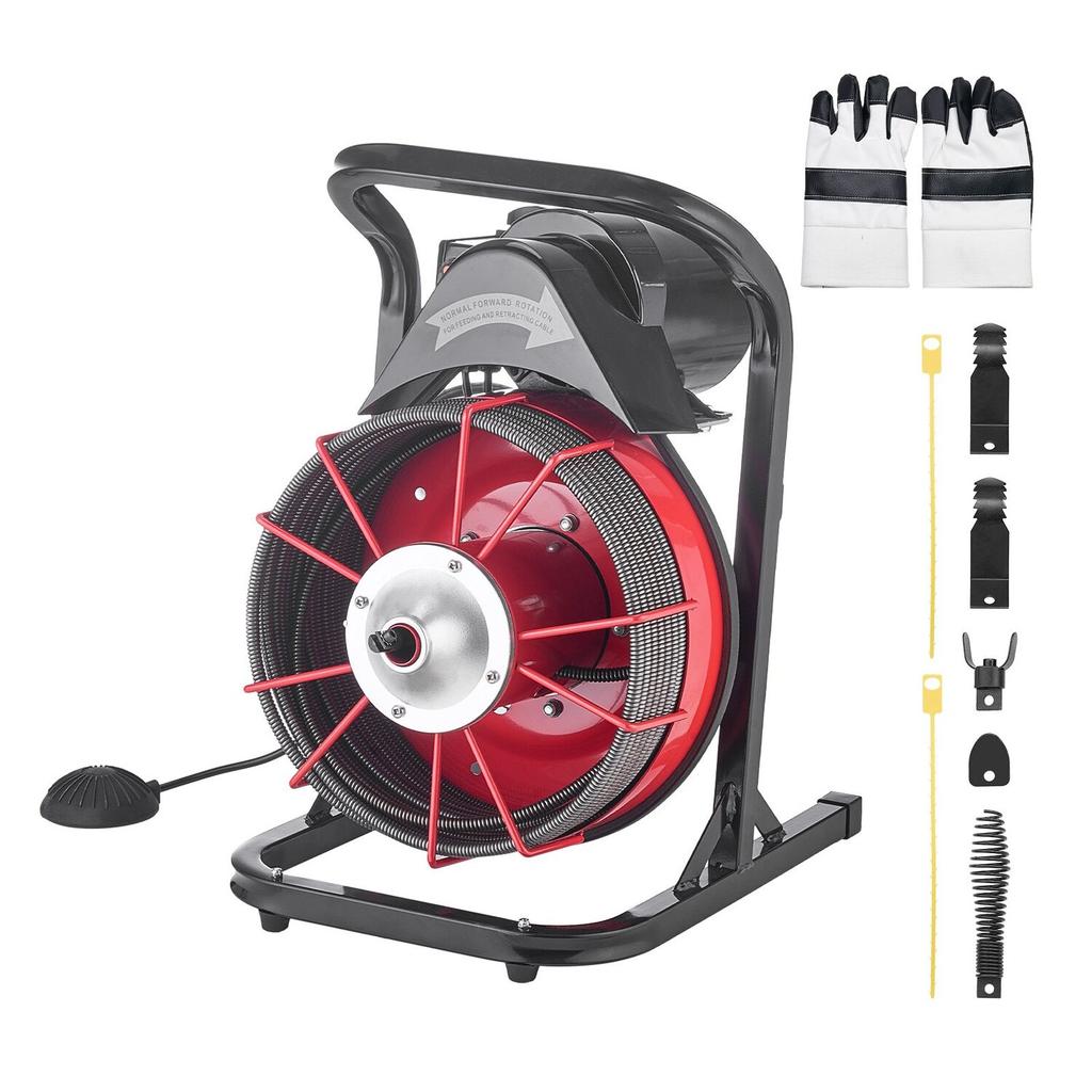 Drain Cleaner Machine 15m x 13mm, Sewer Snake Auger Manual Feed with 4 Cutters & Air-activated Foot Switch for 50mm to 150mm Pipes