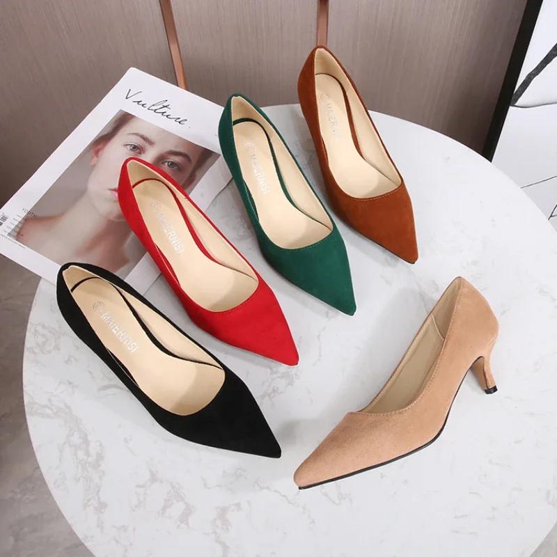Low Heel Pumps Lady Pointed Heels Female Green Flock Plus Size 46 Red Shoes 2025 Women 5cm High Heels Sexy Tacones Para Mujer