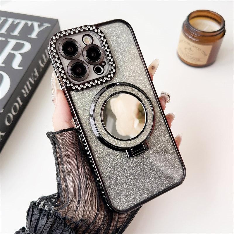 Lyx diamantram Elektropläterad magnetisk Touch Up Mirror Holder telefonfodral för iPhone 15 Pro Max 14 13 12 Pro 11 fallskyddsskal