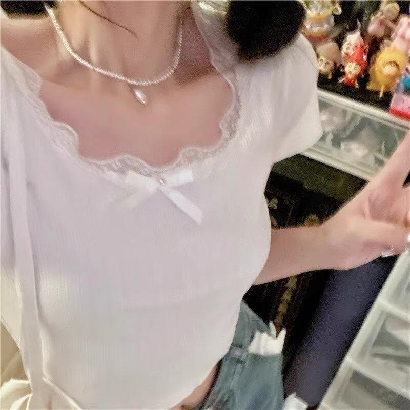 White Cute Short Sleeve Lace T-Shirt Women's Summer Top Sweet Slimming Cropped Tops
