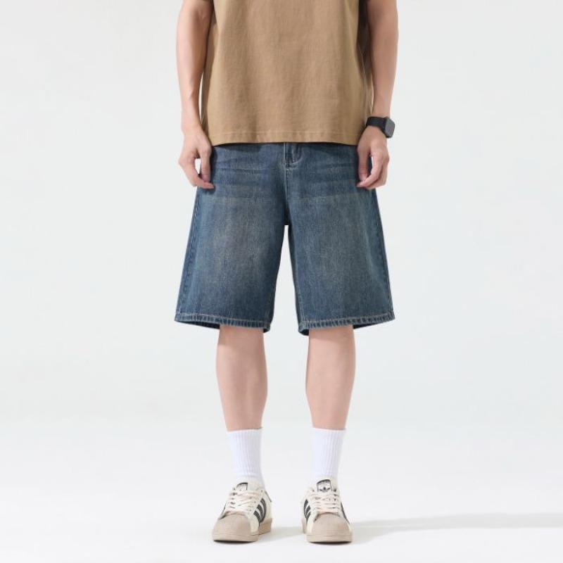 Ropa de hombre Shanggu, shorts de mezclilla de pierna recta de verano, pantalones de cinco puntos holgados lavados retro, jeans holgados