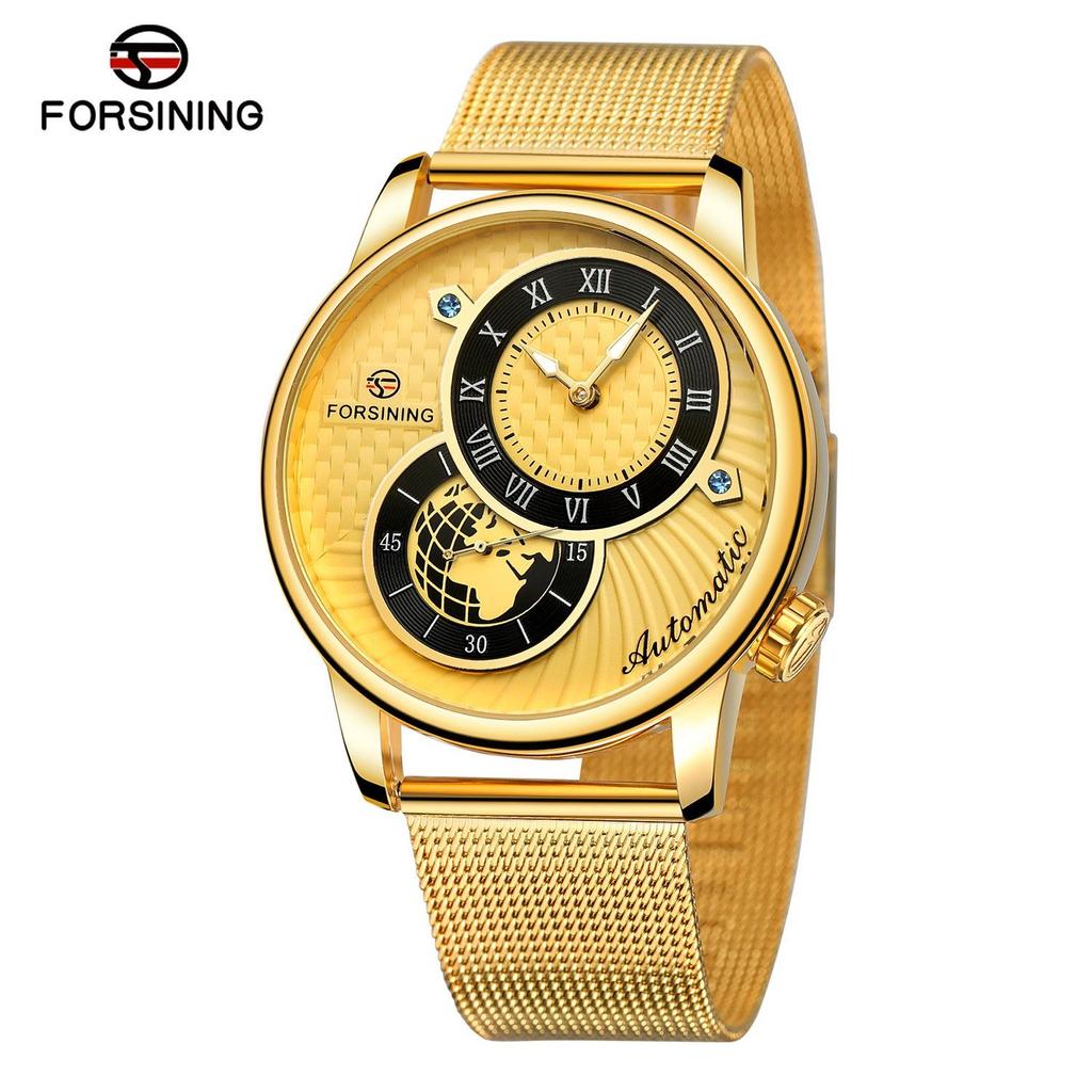 FORSINING Automatic Mechanical Wristwatch Military Sport Male Clock Luxury Golden Case Creative Dial Men Stainless Steel Mesh Strap Watch