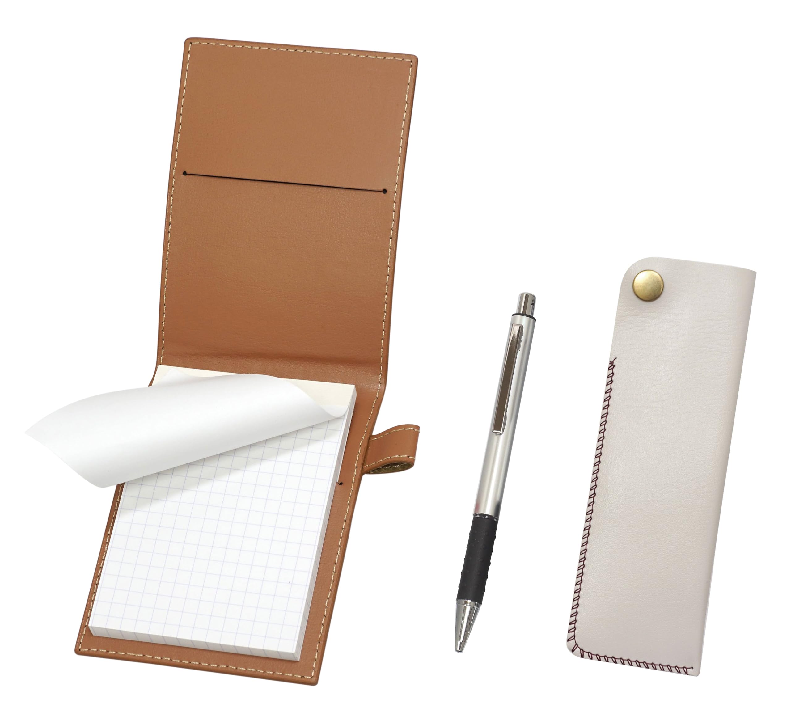 

Mocha Recycled Cowhide Mini Notebook Cover with White Pen Case and Silver Metal Pitch Grip Ballpoint Pen Hook-and-Loop & (LS022PM-NK01W-WZS2062BP)