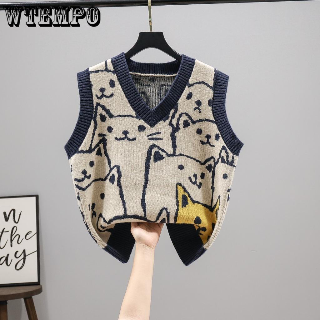 Chaleco de Punto para Mujer Gatito Retro Chaleco de Punto Suéter Holgado Top de Mujer