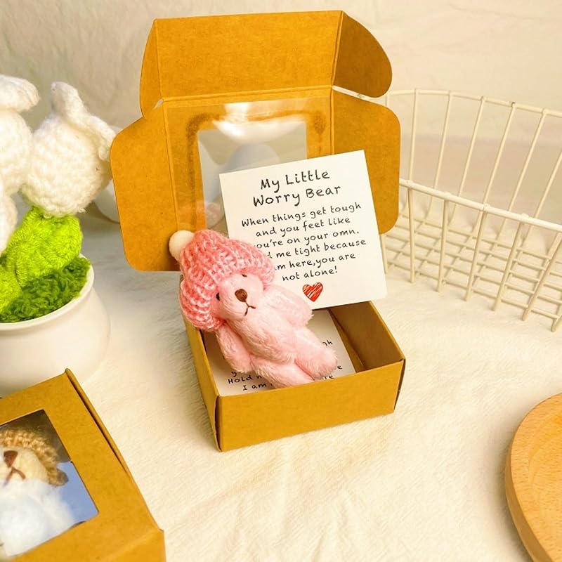 Handmade Mini Plush Teddy Bear in Box, Little Bear in A Box, My Little Worry Bears, Mini Pocket Bears Hug Plush with Emotional Uplifting Support