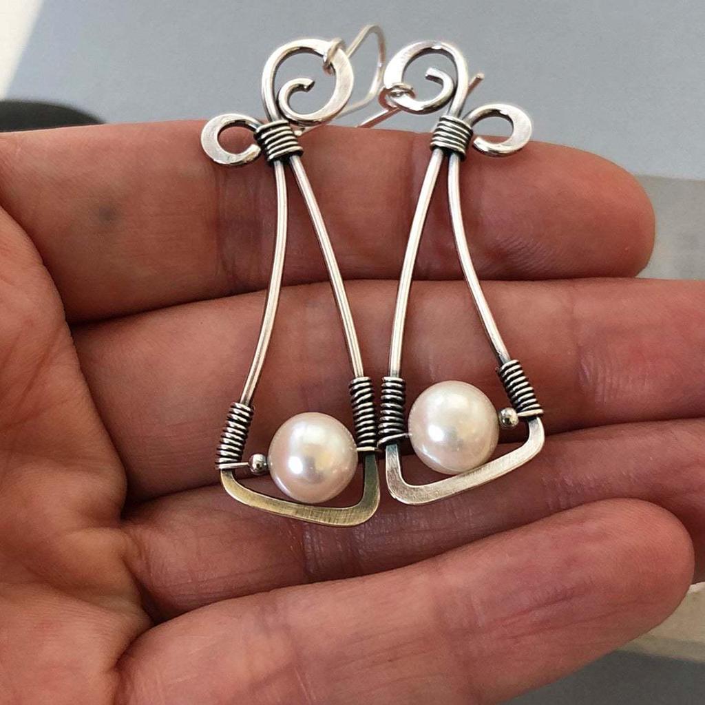 Bohemian Style Long Silver Earrings with Pearls - Creative Retro Design, Perfect Christmas Gift.