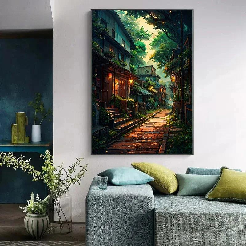 Japanese Street Scenery Cherry Blossom Architecture Canvas Poster Flowers Plants Landscape Wall Art Prints for Modern Home Decor