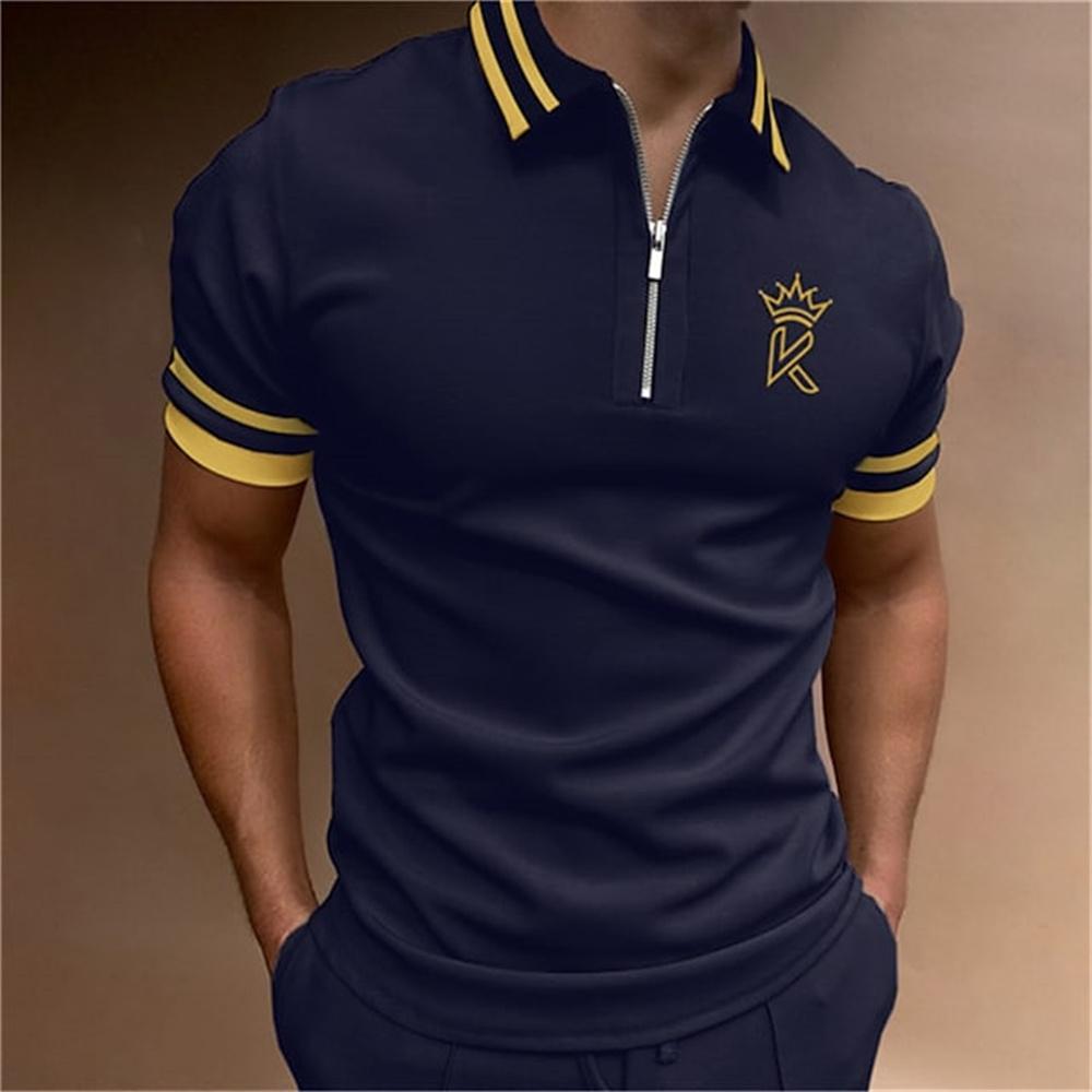 New Men's Striped Polo Shirt, Short Sleeved Shirt with Letters, High-quality Men's Poker Street T-shirt, Elegant and Breathable Shirt