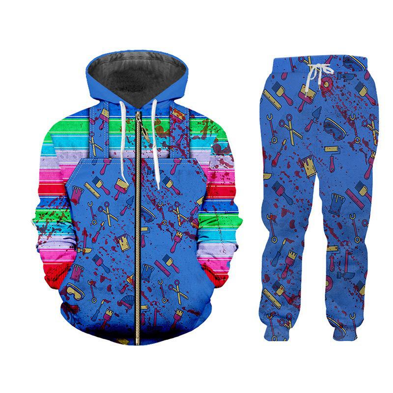 Horror-Charakter Geistpuppe Chucky Cosplay Hoodie & Hosen-Set