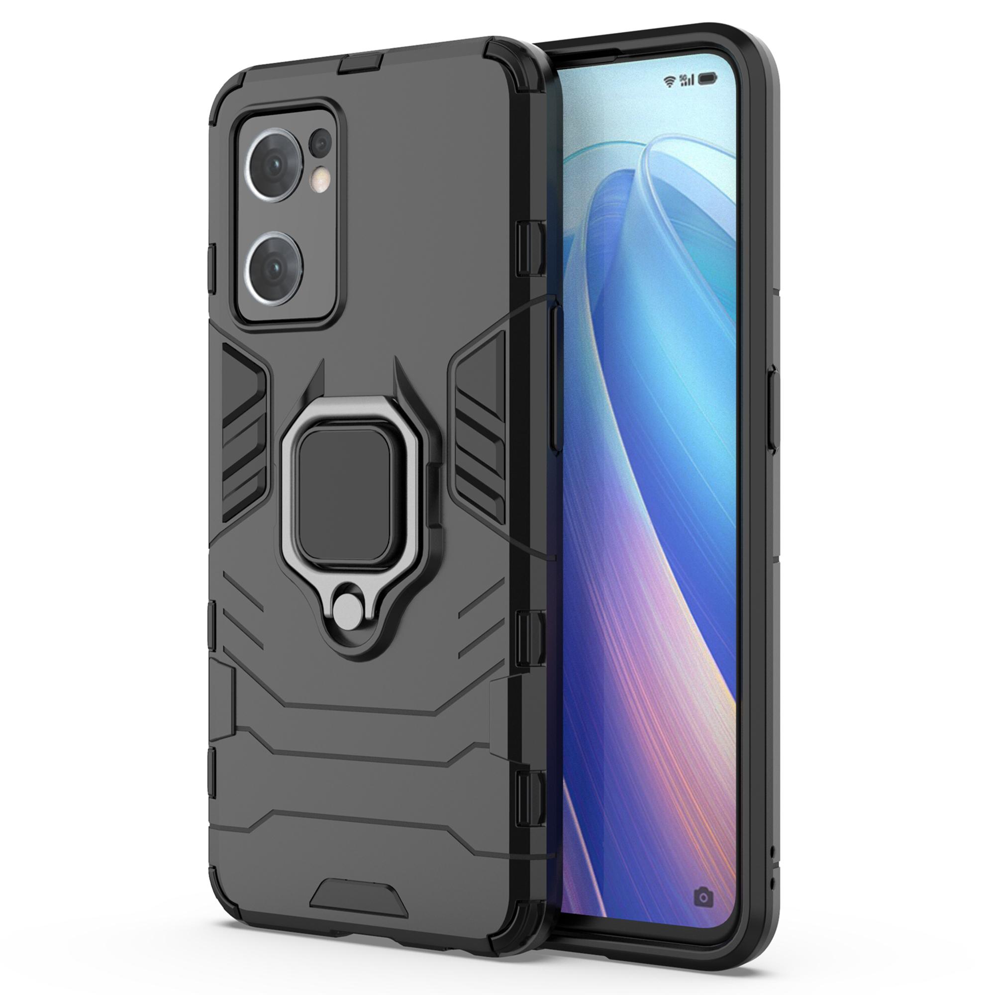 

For Oppo Reno7 5G (Global)/Find X5 Lite Ring Holder Kickstand Phone Case TPU+PC Anti-Scratch Protective Cover Black