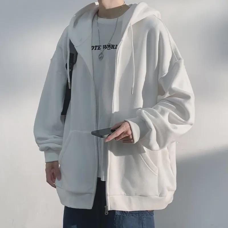 Men's Hong Kong Fashion Zip-Up Cardigan: Loose Hooded Jacket, Trendy Autumn Solid Color Top