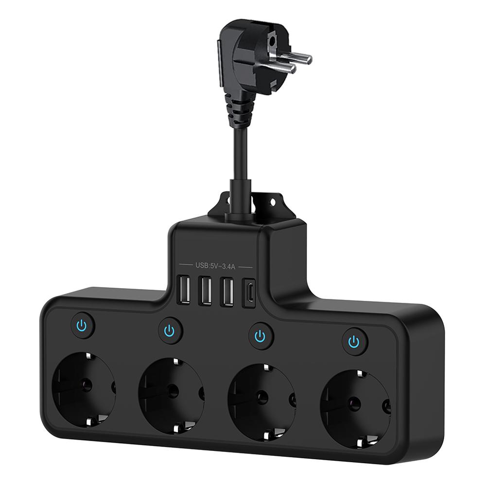 

Дротова розетка, 4 гнізда, 4 USB-порти для швидкої зарядки - чорна розетка, біла розетка, подовжувач живлення європейського стандарту, багатофункціональна розетка, захист від перенапруги Black 16A-4000W