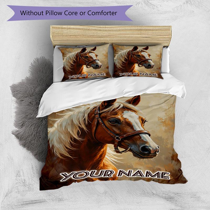 3PC Custom Name Horse Portrait Art Bedding Set Duvet Cover Closure Includes 1 Duvet Cover & 2 Pillowcases for Bedroom